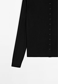 Black cardigan featuring a button-up front, long sleeves, ribbed cuffs, and a straight hem. Made from a soft, textured fabric.