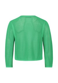 Grüne Strickjacke mit loser, netzähnlicher Textur, langen Ärmeln und rundem Halsausschnitt, mit cropped Silhouette und ohne Verschlüsse.