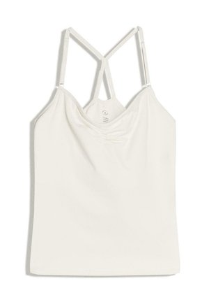 Biely tielkový top bez rukávov s nastaviteľnými dvojitými tenkými ramienkami a jemným nariasením v strede vpredu.