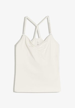 Biely tielkový top bez rukávov s nastaviteľnými dvojitými tenkými ramienkami a jemným nariasením v strede vpredu.