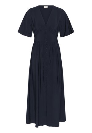 Robe midi bleu marine avec décolleté en V profond, manches courtes évasées, taille cintrée, et boutons recouverts de tissu sur le devant.