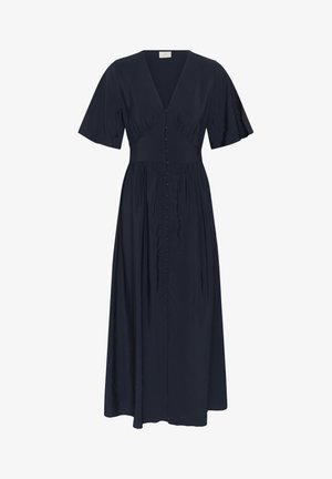 Robe midi bleu marine avec décolleté en V profond, manches courtes évasées, taille cintrée, et boutons recouverts de tissu sur le devant.