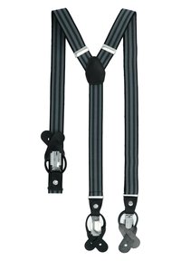 Schwarz-graue gestreifte Hosenträger mit Metallclips, Lederakzenten und einem zentralen Y-förmigen Design für sicheren Halt.