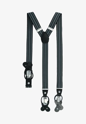 Black and gray striped suspenders featuring metal clips, leather accents, and a central Y-shaped design for secure fastening.
