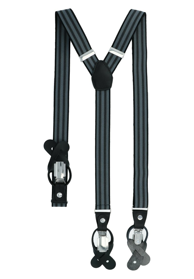 Schwarz-graue gestreifte Hosenträger mit Metallclips, Lederakzenten und einem zentralen Y-förmigen Design für sicheren Halt.