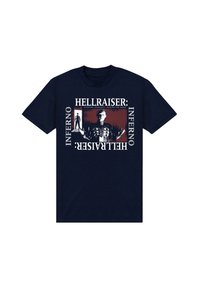 Navy blue cotton t-shirt featuring a graphic with a figure and text "HELLRAISER: INFERNO" in white and red, showcasing a horror theme.