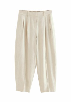 Beige, hochtaillierte Hose mit weitem Bein, Falten, Gürtelschlaufen und vorderen Taschen, oberhalb des Knöchels gekürzt.