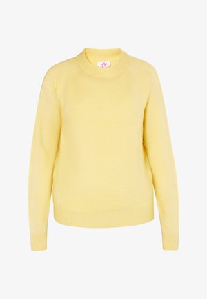 Geel gebreide trui met een ronde hals, geribbelde mouwen en zoom. Gemaakt van zacht materiaal met een gladde textuur, met een klassiek ontwerp.