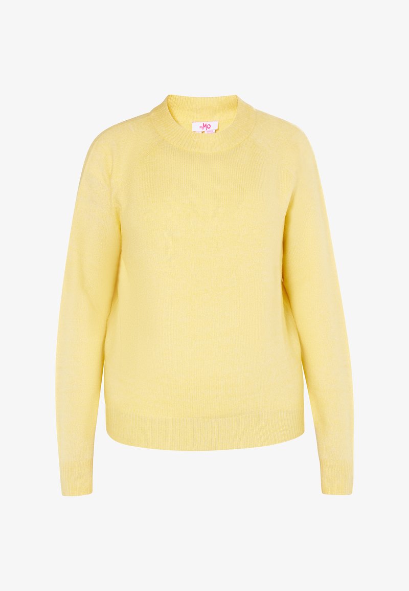 Yellow knit sweater with a round neck, ribbed cuffs, and hem. Made of soft material with a smooth texture, featuring a classic design.