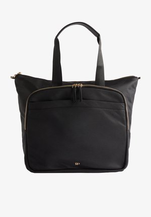 Czarna torba nylonowa z podwójnymi uchwytami u góry, złotymi elementami i kieszenią na zamek z przodu. Posiada gładką teksturę i prostokątny kształt.