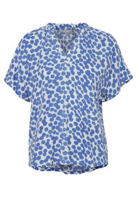 Blusa corta a maniche corte blu e bianca con scollatura a V, caratterizzata da un motivo a pois e un tessuto testurizzato. Vestibilità comoda con scollatura arricciata.