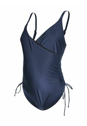 Marinefarbener Einteiler-Badeanzug mit verstellbaren Trägern, Überkreuzdesign, gerafften Seiten und Kordelzügen an den Hüften. Glattes, elastisches Material.