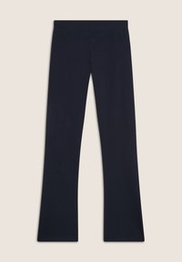 Pantaloni a palazzo navy, realizzati in tessuto morbido. Presentano una cintura larga e una texture liscia. Design semplice senza motivi o decorazioni.
