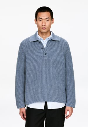 Jonge man die een lichtblauwe gebreide trui met kraag draagt over een wit overhemd en zwarte broek, staand tegen een witte achtergrond.