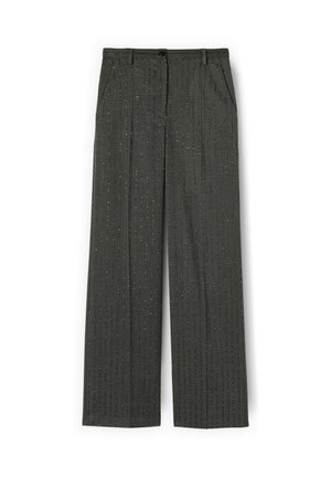 Donkergrijze wijde broek met subtiele verticale krijtstrepen, knoopsluiting aan de voorkant, riemlussen en zakken aan de zijkant.