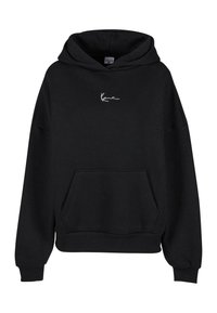 Felpa con cappuccio nera in misto cotone. Presenta una tasca a marsupio, polsini a coste e un logo bianco sul petto. Vestibilità classica.