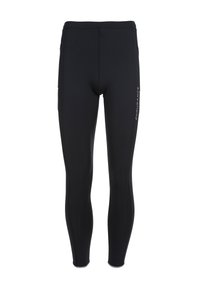 Zwarte sportleggings gemaakt van rekbaar materiaal. Heeft een aansluitend ontwerp, een gladde textuur en een logo dat op de linkerdij is gedrukt.