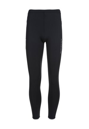 Svarta träningsleggings tillverkade av ett stretchigt material. Har en åtsittande design, slät textur och en logotyp tryckt på vänster lår.