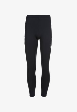 Sorte atletiske leggings lavet af et strækbart materiale. Har et tætsiddende design, glat tekstur og et logo trykt på venstre lår.