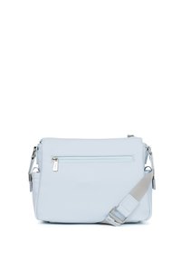 Borsa a tracolla azzurro chiaro realizzata in materiale sintetico liscio. Dotata di tracolla regolabile, tasca frontale con zip e design minimalista.