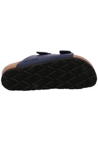 Black rubber sole with textured grip, featuring a brown cork footbed and a navy blue upper with two adjustable straps.