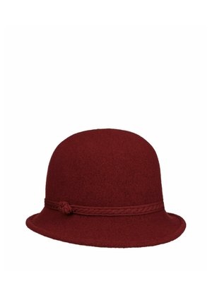 Deep red felt cloche hat with a rounded crown and a narrow braided band tied in a knot above the brim.