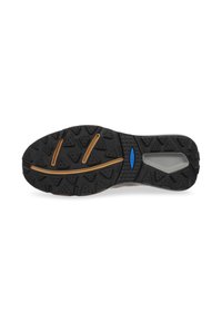 Potplat cipela s robusnom crnom gumenom teksturom, s trokutastim uzorcima i svjetlosmešnim akcentom, uz vidljivi plavi logo blizu pete.