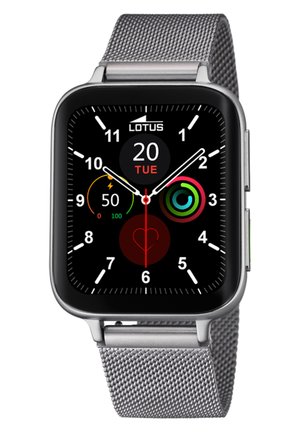 Silver metal mesh band smartwatch with a rectangular black touchscreen displaying time, date, and health metrics in colorful graphics.