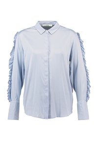 Blouse bleu clair à manches longues avec un devant à boutons. Comprend des accents froncés le long des manches et un design de col classique. Texture de tissu lisse.