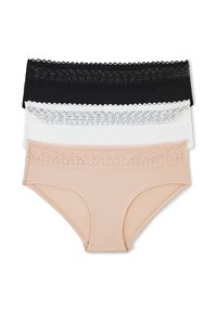 Trois paires de lingerie avec dentelle : noire, blanche et nude. Fabriquées en tissu doux et offrant un ajustement confortable, idéales pour un port quotidien.