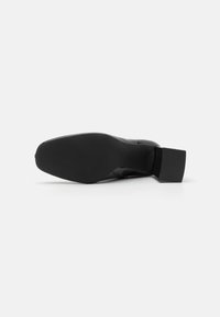 Pantofii negri au un material superior neted, toc pătrat și talpă texturată. Designul pune accent pe o siluetă elegantă și modernă.