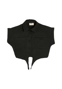 Camisa negra de manga corta con cuello tipo polo, fabricada en un tejido texturizado, con cierre delantero de botones y dos bolsillos en el pecho. Su hem Unique en punta.
