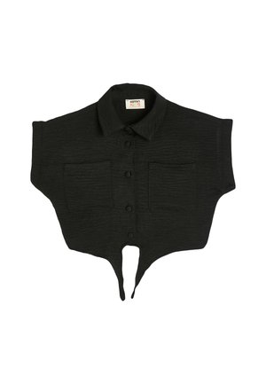 Sort kortærmet skjorte med krave, som har en struktureret stof, frontlukning med knapper og to brystlommer. Unik spids søm.