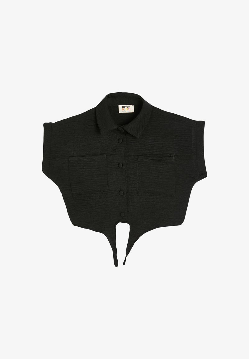 Sort kortærmet skjorte med krave, som har en struktureret stof, frontlukning med knapper og to brystlommer. Unik spids søm.