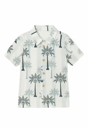 Ung dreng smilende iført en kortærmet skjorte med palmeprint og beige shorts mod en ensfarvet baggrund.