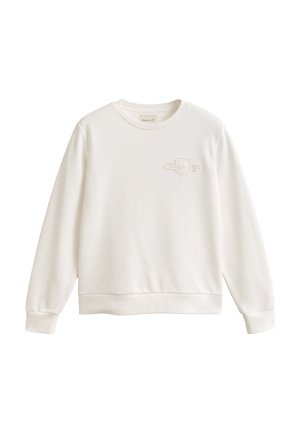 Λευκό φούτερ με στρογγυλή λαιμόκοψη και μακριά μανίκια, με διακριτικό ανάγλυφο λογότυπο στο αριστερό στήθος, ριμπ μανσέτες και τελείωμα.