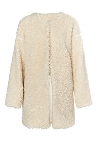 Palton din blană sintetică de culoare crem, cu o suprafață texturată și pufoasă, cu deschidere în față și mâneci lungi. Design simplu, fără închideri sau modele.