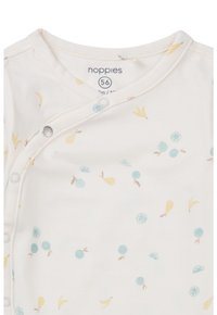 Helles Creme-Baby-Body mit rundem Kragen, Druckknopfverschluss und kleinen Obst- und Blumenmustern in Gelb und Hellblau.