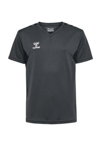 Schwarzes Sporttrikot mit kurzen Ärmeln und V-Ausschnitt, aus glattem Material gefertigt. Es hat ein kleines weißes Logo auf der Brust und Netzelemente an den Schultern.