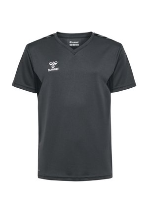 Maillot de sport noir à manches courtes avec un col en V, fabriqué en tissu lisse. Présente un petit logo blanc sur la poitrine et des détails en mesh sur les épaules.