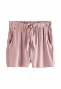 Pantaloni shorts lounge rosa realizzati in un tessuto morbido e leggero. Presentano un cinturino elastico con cordoncino e due tasche laterali.