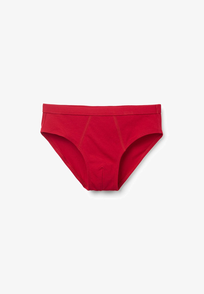 Culotte rouge en coton avec une texture lisse, une taille élastique et des coutures décoratives. Présente une coupe classique de bikini et un design offrant une couverture complète.