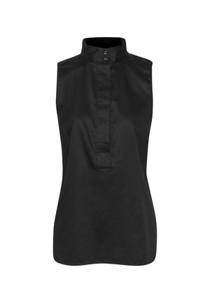 Schwarze ärmellose Bluse mit hohem Kragen, ausgestattet mit einer Knopfleiste an der Vorderseite mit zwei Knöpfen, glatter Textur und geradem Schnitt.