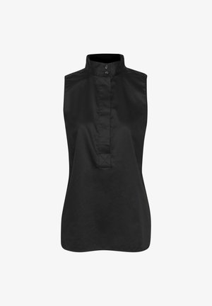 Crna bezrukavna bluzica s visokim ovratnikom, koja ima prednji otvor s dva dugmeta, glatke teksture i ravnog kroja.