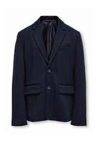 Blazer bleu marine en tissu texturé, avec deux boutons, deux poches avant et une poche poitrine, doté d'une doublure en satin.