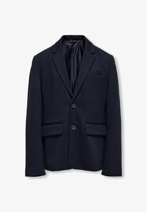 Blazer bleu marine en tissu texturé, avec deux boutons, deux poches avant et une poche poitrine, doté d'une doublure en satin.