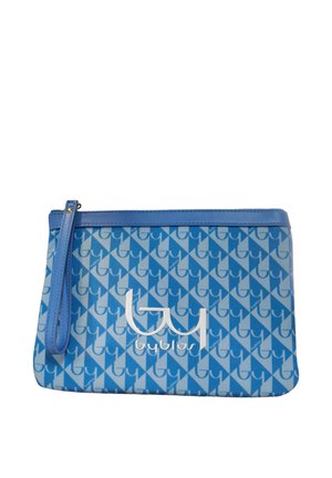 Portamonete da polso a fantasia blu e azzurro con cerniera e grande logo bianco stilizzato "byblos" sul davanti.