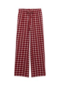 Czerwono-białe w kratę spodnie do piżamy o luźnym kroju, z elastycznym pasem i ściągaczem na sznurek; wykonane z miękkiej bawełnianej tkaniny.