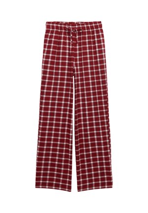 Rode en wit geruite pyjamabroek met een losse pasvorm, elastische tailleband en koordsluiting; gemaakt van zachte katoenen stof.