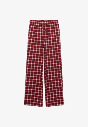 Rode en wit geruite pyjamabroek met een losse pasvorm, elastische tailleband en koordsluiting; gemaakt van zachte katoenen stof.